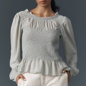 Anthropologie Smocked Ruffles Puff Sleeve Fairy Regency Boho Light Sage XS